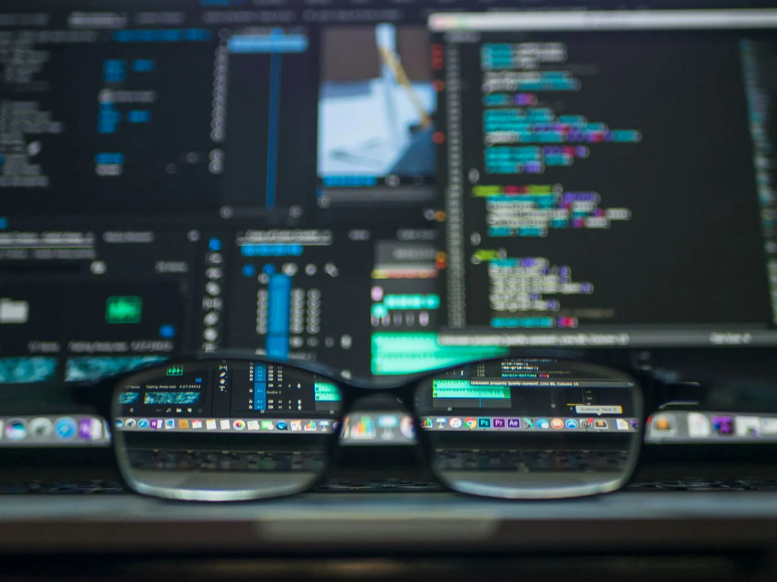 Closeup photo of eyeglasses in front of a screen