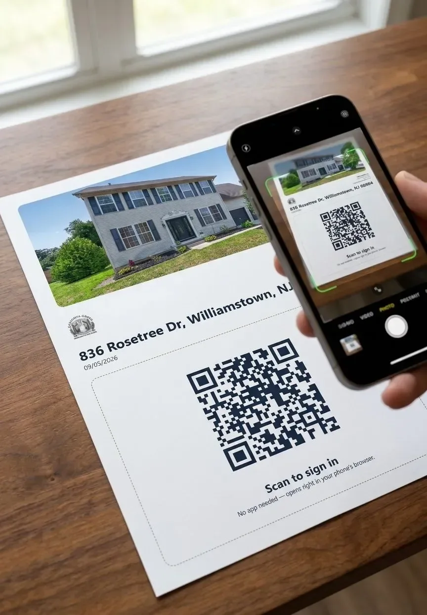 A printed open house QR sign-in poster being scanned with a phone