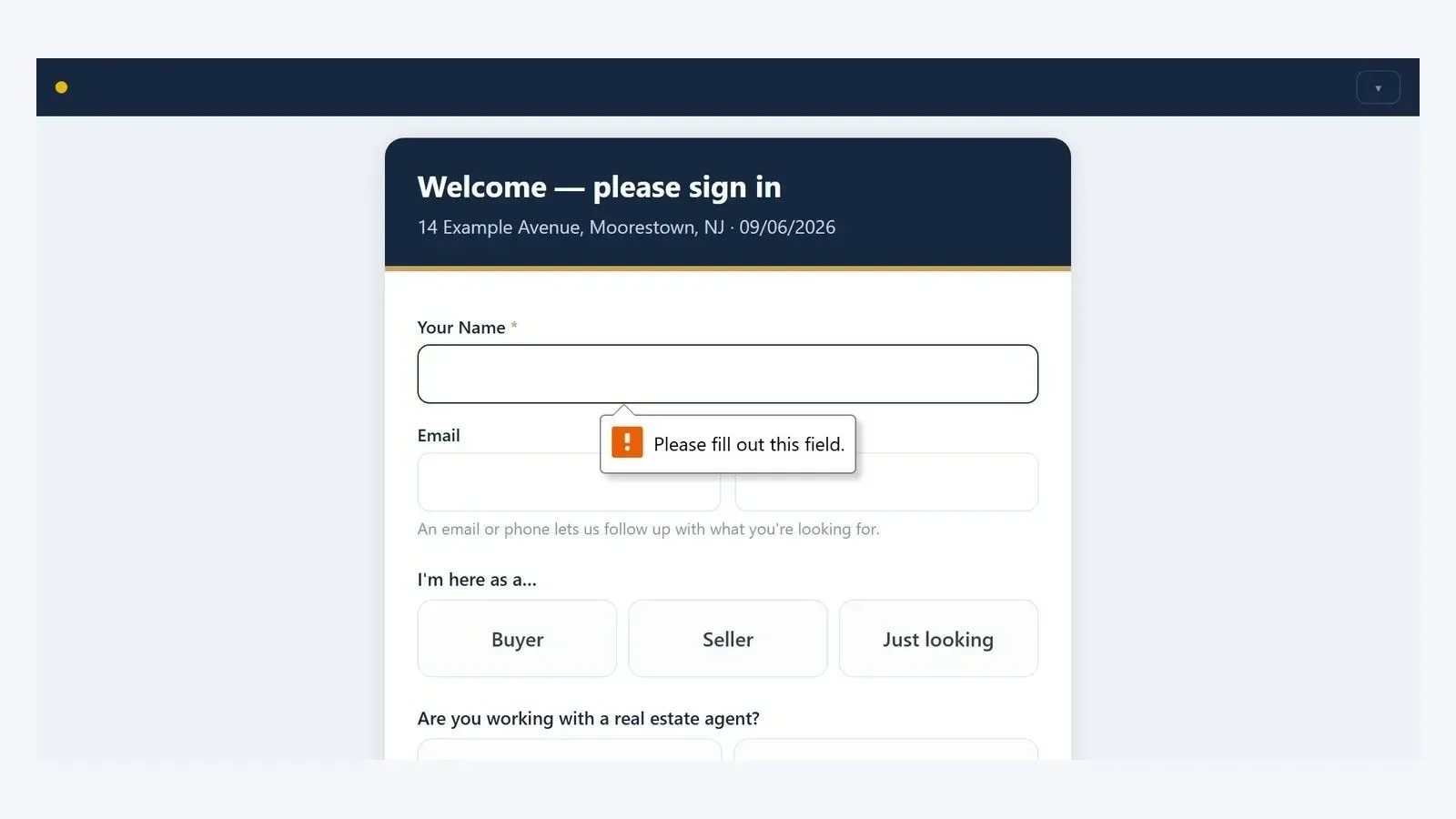 Open House guest sign-in form