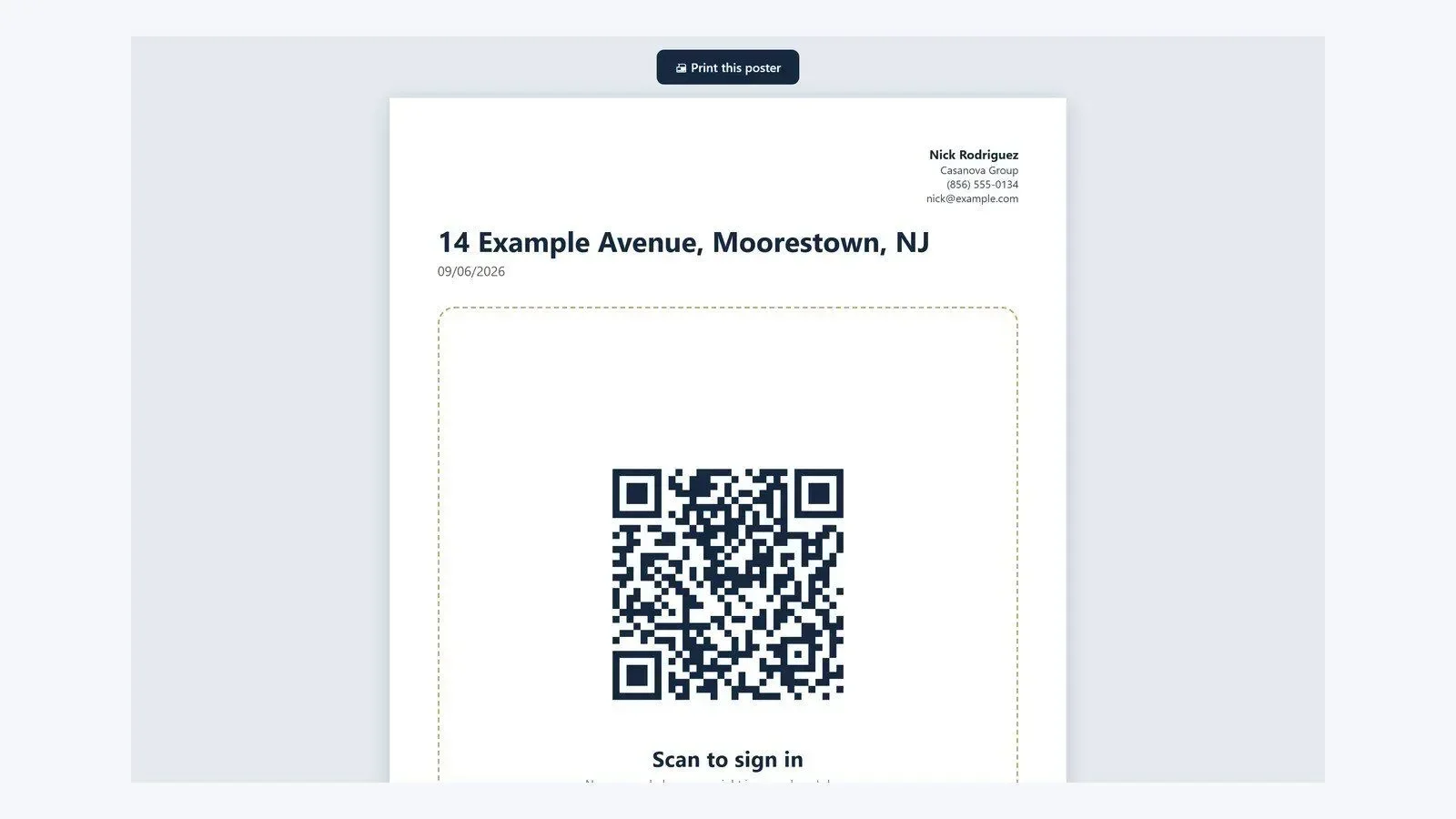 A printable QR sign-in poster for an open house