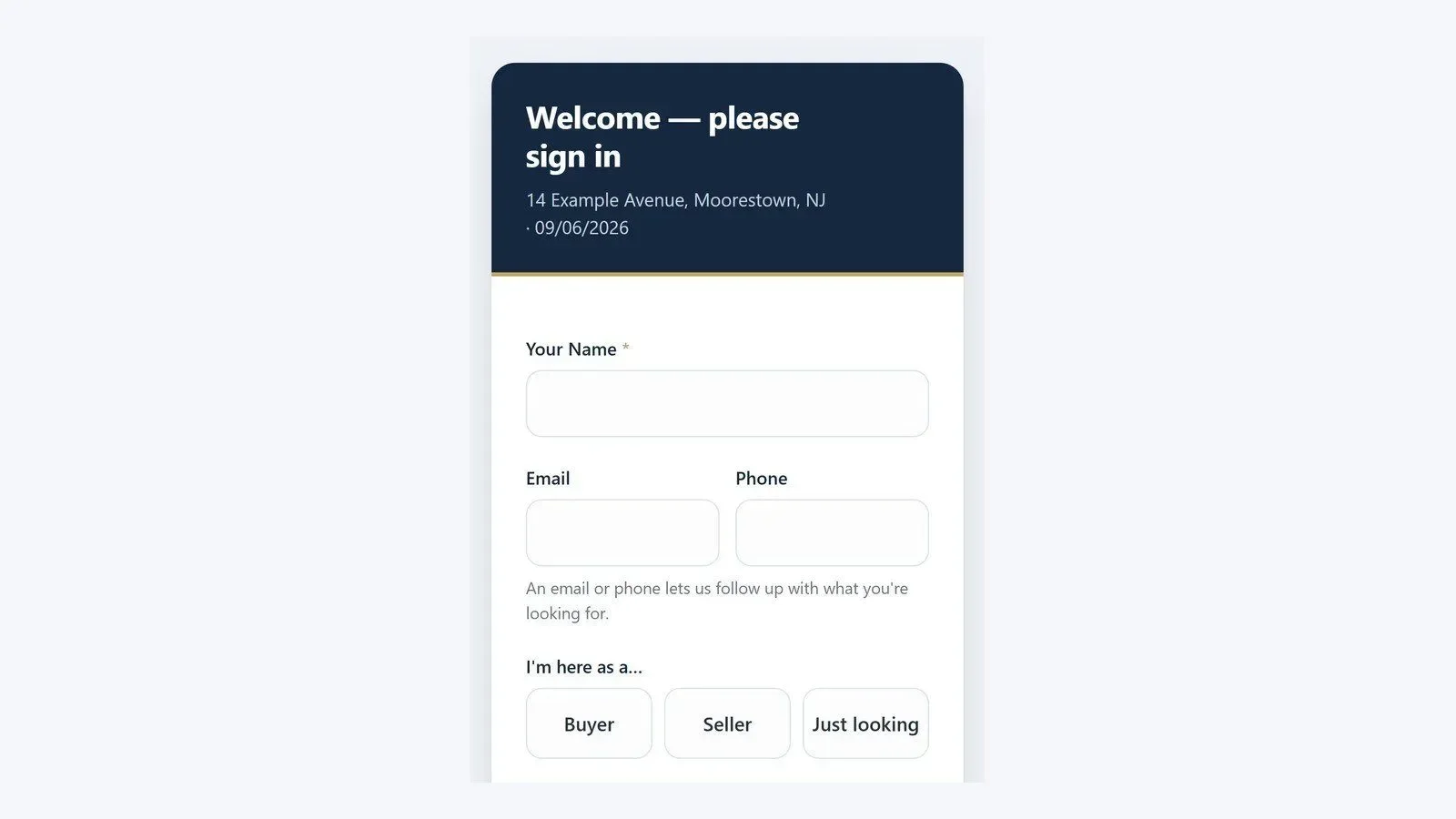 Open House sign-in form on a phone